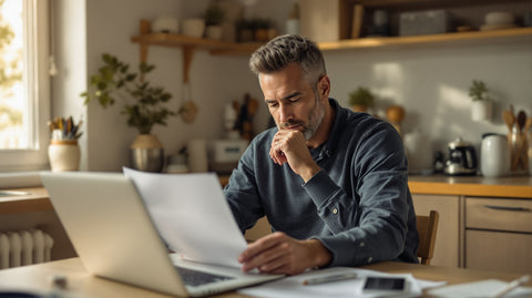 A relatable man in his 40s at his kitchen table in warm morning light, thoughtfully reviewing a printed lab report next to an open laptop, reflecting on his sperm DNA fragmentation test results.