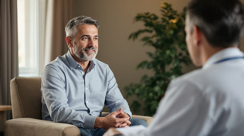 A man in his 30s in a warm, softly lit consultation discussing testosterone and fertility options with a doctor
