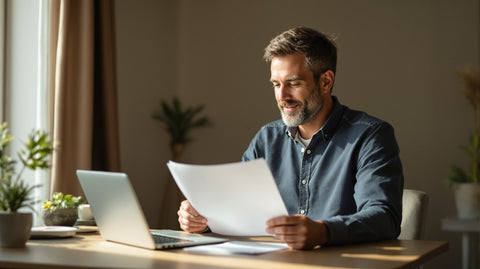 A relatable man in his late 30s sitting alone at a home desk in warm morning light, thoughtfully reading a printed lab report next to an open laptop, reflecting on a high DNA fragmentation result despite a normal semen analysis