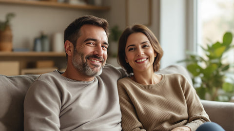 A man in his early 40s and his wife smiling together on a sofa at home in warm natural light