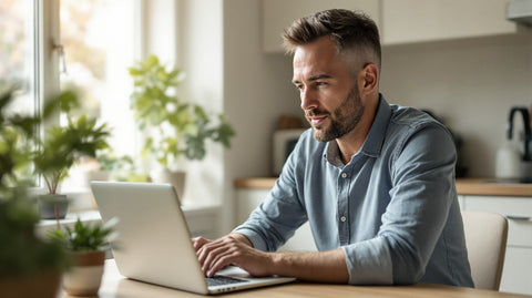 A man at home looking thoughtfully at a laptop in warm morning light, reflecting on a semen analysis result