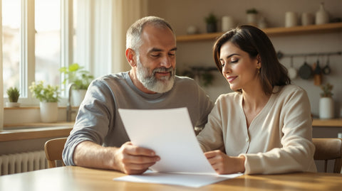 A man and woman sitting together at a warm, sunlit kitchen table reviewing a fertility test report side by side