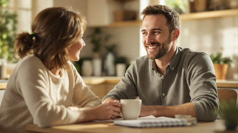A smiling man in his late 30s and his wife talking at a sunlit kitchen table with coffee, relaxed and hopeful while reviewing semen analysis results together