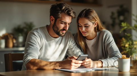 A man and his partner sitting together at a warm kitchen table looking at a phone, a quiet moment representing the months-long timeline of recovering fertility after stopping TRT