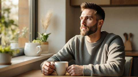 Relaxed bearded man in his late thirties in a grey sweater sitting at a sunlit kitchen table with a mug, looking out the window with a calm, hopeful expression
