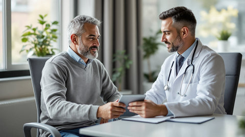 A man discusses his fertility lab results, including total motile sperm count, with a doctor during a warm consultation about IUI, IVF, and ICSI options