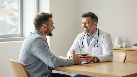 A man talking with a smiling doctor about testosterone therapy and fertility during a consultation in a bright, warm clinic office