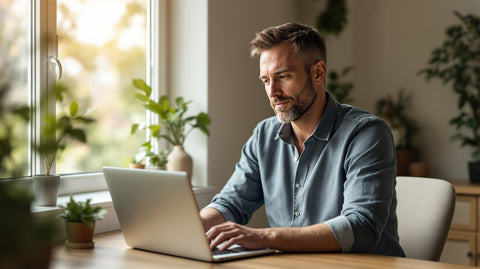 A man works at a home desk with his laptop placed on the table in warm morning light, illustrating safer heat habits for male fertility