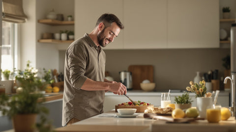 Man preparing a healthy breakfast at a kitchen counter in warm morning light, illustrating lifestyle changes that support male fertility and hormone balance