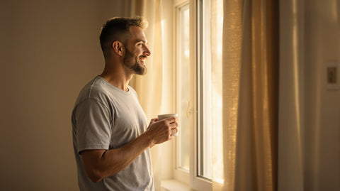 Man in a t-shirt holding a coffee mug and smiling as he looks out a sunlit bedroom window in the early morning, illustrating the connection between sleep and testosterone in male fertility