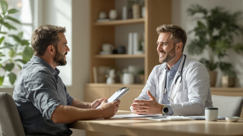 A man in his late thirties discusses starting testosterone therapy with a warm doctor at a sunlit consultation desk