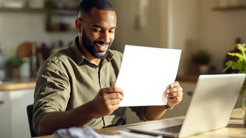 A relatable man in his early 40s smiling warmly at a blank lab report in his sunlit kitchen, illustrating how SHBG determines how much testosterone is actually usable for fertility