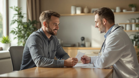 A man in his late thirties smiles while handing lab results across a desk to a doctor with a stethoscope during a warm consultation about thyroid and fertility testing