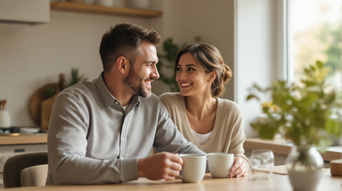 A man and his wife smiling at each other over coffee at a sunlit kitchen table, a calm and hopeful moment