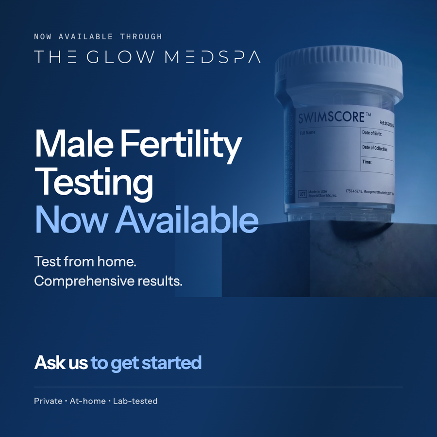 Male fertility testing announcement graphic for The Glow Medspa